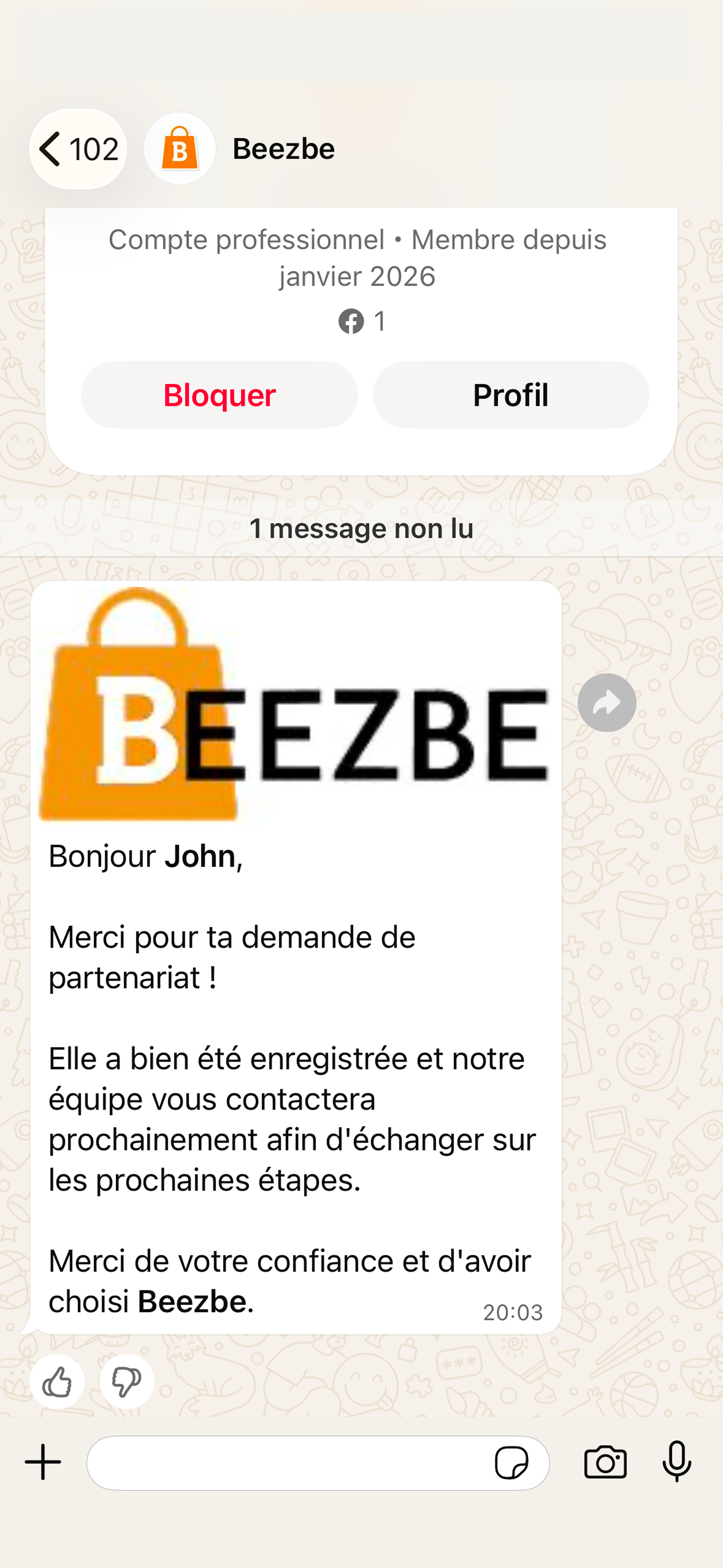 Notification WhatsApp de validation